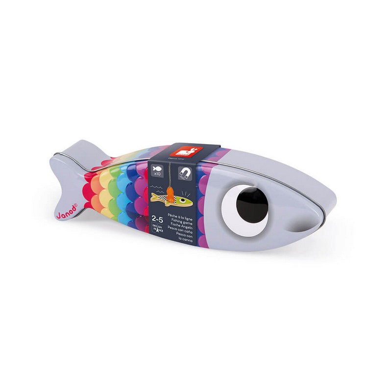 Gioco per bambini di pesca dei pesci con la lenza magnetica composto da 10 buffe sardine multicolore e 2 canne da pesca in legno con amo in plastica a forma di pesce, ideale per i bambini dai 2 anni in su